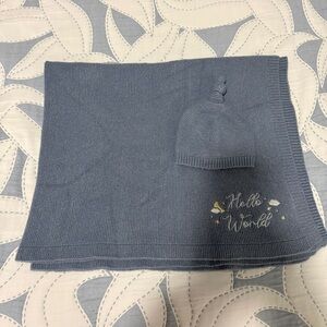 Blue Knit Baby Blanket & Hat Set - "Hello World" Embroidered